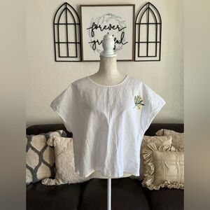 MONOPRIX Femme White Linen Blend Floral Embroidered Tunic Top Size 46 Classic